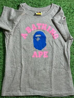 A Bathing Ape Gray Short Sleeve Tee with Pink & Blue Logo